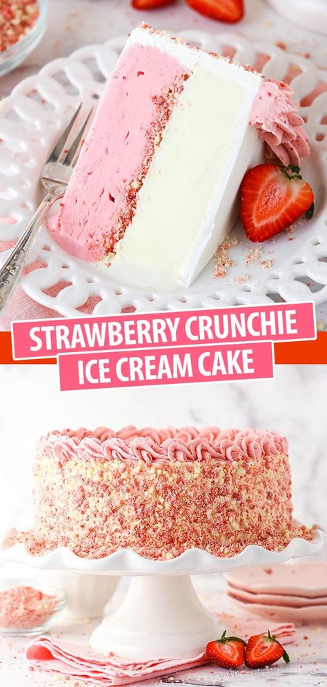 Betty Crocker Better Than Almost Anything Cake, Ice Cream Cake With Crunchies, Strawberry Vanilla Ice Cream Cake, Easy Ice Cream Cake Birthday, How To Decorate An Ice Cream Cake, Strawberry Shortcake Icecream Cake, Vanilla Ice Cream Dessert Ideas, Strawberry Icecream Cake, Ice Cream Cake Vanilla