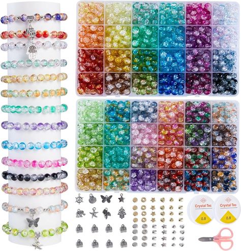 【About This Glass Beads Kit 】 The crackle glass beads bracelet making kit comes with more than 1300 pcs of round glass beads with holes in 48 crackle colors, 120pcs gold spacer beads,120pcs silver spacer beads,16pcs silver metal charm pendants,2pcs crystal elastic strings and 1 scissors,enough quantity to meet your various needs of jewelry making or DIY craft. 【Unique cracked & Vibrant colors】48 style cracked glass beads are made of high glass which produce random unique cracking under high temp Cheap Beaded Plastic Stretch Bracelet, Cute Multicolor Beads At Affordable Prices, Bracelet Bead Kit, Cheap Beaded Rave Bracelets As Gift, Cheap Rave Beaded Bracelets For Party, Colorful Round Beads For Gift Making Craft Supplies, Assorted Round Beads For Crafting, Beaded Craft Supplies For Jewelry Making, Assorted Round Beaded Craft Supplies