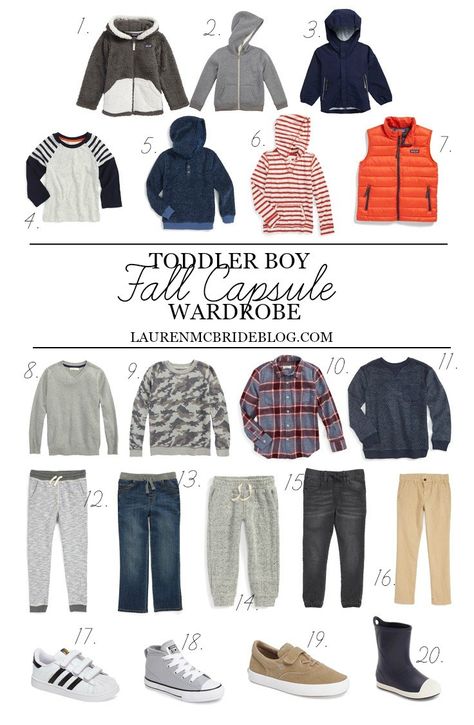 Toddler Boy Fall Capsule Wardrobe - Lauren McBride Toddler Boy Pictures, Boy Tips, Boys Fall Fashion, Lauren Mcbride, Toddler Designer Clothes, Kids Winter Outfits, Boys Fall Outfits, Boys Outfits