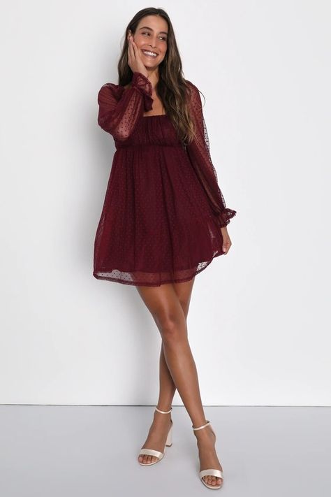 Burgundy Swiss Dot Dress - Babydoll Dress - Long Sleeve Dress - Lulus Womens Christmas Dress Holiday Parties, Burgundy Mini Dress Long Sleeve, Long Sleeve Dance Dresses, Mini Dress Winter Formal, Fall Brunch Dress, Fall Dresses With Cowgirl Boots, Hoco Dresses For Bigger People, Hoco Dresses Ruffle, Fall Mini Dresses