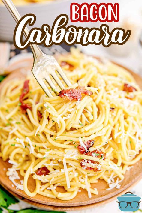 Pasta With Bacon Carbonara, Bacon Spaghetti Carbonara, Easy Bacon Carbonara Pasta, Bacon Carbonara Pasta, Seasoned Pasta, Italian Carbonara Recipe, Lean Foods, Cabanara Pasta Recipe Bacon, Carbonara Pasta No Bacon