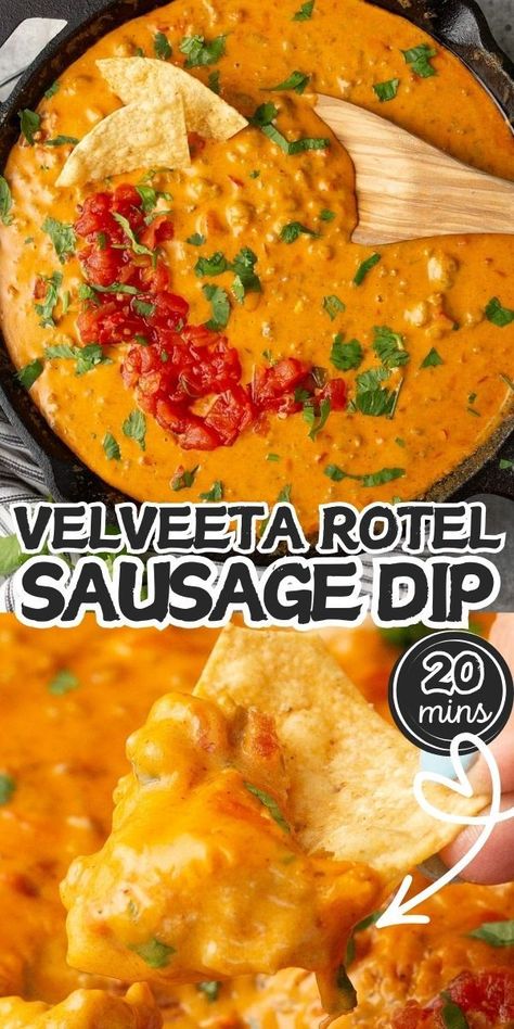 Velveeta Rotel sausage dip is a 5-ingredient creamy, cheesy queso recipe that is a guaranteed hit at any gathering, party, or game day. Velveeta Rotel Sausage Dip, Velveeta Sausage Dip, Rotel Sausage Dip, Velveeta Dip, Rotel Dip With Sausage, Sausage Queso Dip, Queso Dip Velveeta, Velveeta Rotel, Sausage Queso