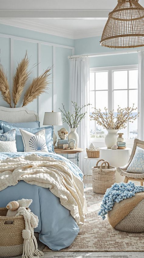 Light Blue Boho Bedroom Modern Light Blue Bedroom, Navy Blue Beach Bedroom, Light Coastal Bedroom, Airy Blue Bedroom, Room Theme Ideas Bedrooms, Coral Beach Bedroom, Coastal Bedroom Decor Ideas, Teen Coastal Bedroom, Costal Astethic