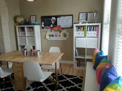 Homeschool room Tutoring Room, Shed Homes Ideas, Teen Game Rooms, Infant Room Daycare, Homeschool Room Design, Homeschool Room Organization, Home Study Rooms, Home Command Center, Ikea Dining