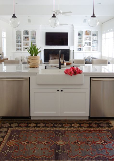 Before and After: Olympic Way Project. White cabinets, lights, faucet, black hardware. 2 Dishwashers, Shaker Style Cabinets, Becki Owens, Kitchen Family Rooms, Living Room Remodel, Open Concept Kitchen, Kitchen Reno, Dishwashers, Room Remodeling