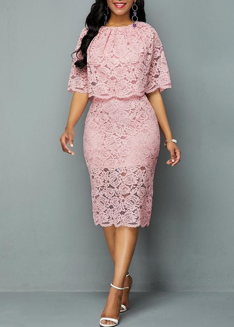 856fc81623da2150ba2210ba1b51d241desc38853135ri Lace Cutout Dress, Knee Length Dresses Casual, Big Size Dress, Afrikaanse Mode, African Lace Dresses, Lace Cutout, Lace Pink Dress, Lace Dress With Sleeves, African Lace