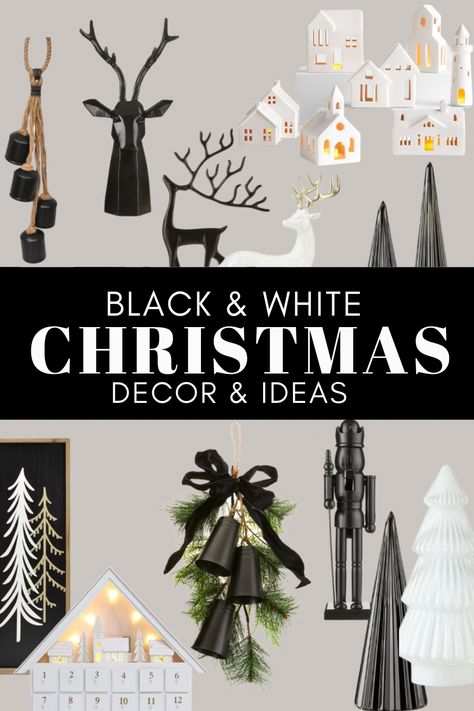 Gray And Black Christmas Tree, Black And White Rustic Christmas Tree, Black And White Modern Christmas Tree, Black White And Green Christmas Wrapping, Christmas Tablescapes Black And White, Black And Champagne Christmas Decor, Black White And Wood Christmas Tree, Black Pencil Christmas Tree Ideas, Black And White Minimalist Christmas Decor