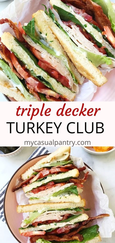 This classic and easy sandwich is loaded with turkey, bacon, lettuce, tomato and chive mayonnaise. Simple and fresh ingredients. | mycasualpantry.com #turkeyclub #bacon #classic #easyrecipes #sandwich Turkey Blt Sandwich, Best Panini Recipes, Lunch Sandwich Recipes, Turkey Blt, Turkey Club Sandwich, Grill Cheese, Club Sandwich Recipes, Bacon Lettuce Tomato, Easy Sandwich