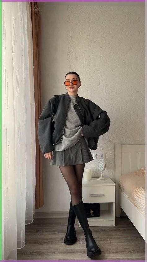 Winter Outfits With Pleated Skirts, Grey Tights Outfit Winter, Grey Pleated Skirt Outfit Summer, Pleated Skirt And Jumper, Mini Skirt Tights And Boots, Black Mini Skirt Outfit Winter Tights, Black Tennis Skirt Outfit Fall, Grey Mini Skirt Outfit Winter, Pleated Skirt Sweater Outfit