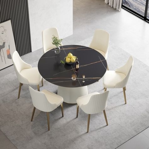 Stone Top Kitchen, Round Dining Table For 6, Modern Round Dining Table, Round Marble Dining Table, Round Dining Table Modern, Stone Table Top, Leather Kitchen, Dinner Room, Stone Table