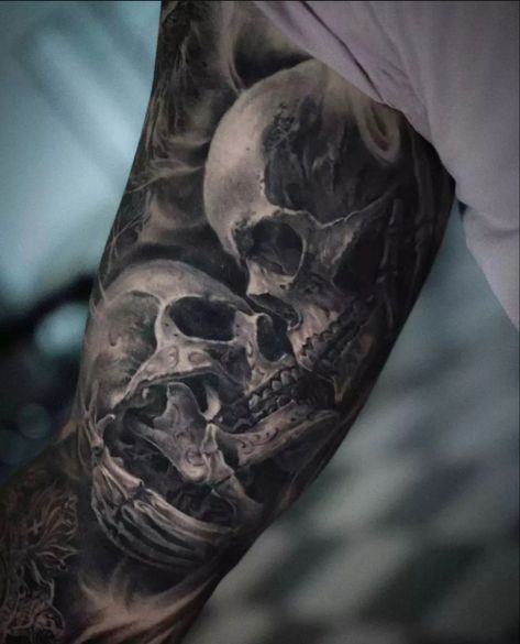 Skull Bicep Tattoo, Skull Tattoo Design For Men, Skull Tattoo For Men, Skull Tattoo Arm, Arm Filler Tattoo Ideas, Men’s Full Sleeve Tattoo, Nature Tattoos For Men, Realism Skull Tattoo, Skull Tattoo Sleeve