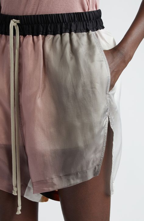 These silk-softened shorts keep your look modern with knotted drawstrings and unexpected step hems. 4 1/2" inseam; 22" leg opening; 14" front rise; 20" back rise (size 44 EU) Elastic/drawstring waist On-seam pockets 64% acetate, 36% silk Dry clean Made in Italy Designer Clothing Runner Aesthetic, Sport Clothes, Sport Style, Boxer Shorts, Rick Owens, Sport Fashion, Drawstring Waist, Sport Outfits, Mens Shorts