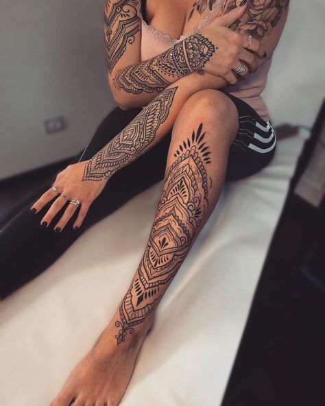 Mandela Leg Tattoos Women, Leg Women Tattoo, Leg Mandala Tattoo, Ornamental Leg Sleeve, Mandala Shin Tattoo, Mandala Leg Sleeve, Ornamental Leg Tattoo, Behind Leg Tattoo Thighs, Mandala Leg Tattoo