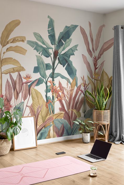 Art Deco Style Interior, Aesthetic Interior Design, Banana Leaf Wallpaper, Room Wall Painting, Wall Painting Decor, Wall Paint Designs, Interior Design Art, Mural Wall Art, Wallpaper Living Room