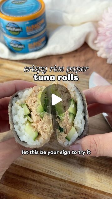 Trang Nguyen | Easy High Protein Recipes on Instagram: "✨CRISPY RICE PAPER TUNA ROLLS 🐟 I’m excited to partner with @wildplanetfoods to bring you an easy high protein recipe! I highly recommend using Wild Planet’s tuna for this recipe because Wild Planet’s tuna has 23% more protein than other canned tuna because they don’t add any water, broths or other fillers to their cans (it’s just pure tuna!) — plus it has high nutrient content since it has 100% EPA and DHA Omega-3 retention! Ingredients ⚡1 can of Wild Planet Albacore Wild Tuna ⚡3 tbsp Japanese mayonnaise or regular mayonnaise ⚡1 tsp Sriracha hot sauce ⚡1/2 avocado, sliced ⚡8 sheets of rice paper ⚡1 jalapeno, thinly sliced ⚡1 cup of cooked sushi rice ⚡soy sauce, for dipping ⚡1/4 cucumber, thinly sliced ⚡1/2 sheet of nori or dried se Rice Paper Tuna Rolls, Tuna Rice Paper Rolls, Rice Paper Sushi, Albacore Tuna Recipes, Easy High Protein Recipes, Rice Paper Rolls Recipes, Cooked Sushi, Japanese Mayonnaise, High Protein Recipe