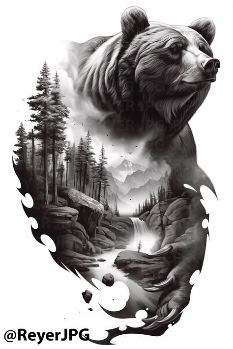 Discover this stunning black and gray bear tattoo artwork, perfect for nature lovers and tattoo enthusiasts alike. Featuring a powerful bear surrounded by a dramatic landscape, this design captures the essence of wilderness and strength. Ideal for your next tattoo inspiration or artwork collection. Explore the beauty of nature with this unique design! #TattooDesign #BearTattoo #NatureTattoo #TattooInspiration #WildlifeArt Black And Grey Bear Tattoo, Neo Traditional Black And Grey, Bear Tattoo Designs, Crane Tattoo, Dramatic Landscape, Buddha Tattoo Design, Artwork Collection, Random Designs, Buddha Tattoo