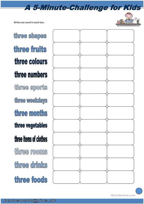 5 Minute Challenge for Kids - English ESL Worksheets for distance learning and physical classrooms Give Me 5 Things Game, Year 6 Worksheets Free Printable, 5 Minute Activity Worksheet, Year 5 Worksheets, 5 Minute Activity, Teachers Worksheets, Kids Worksheet, Basic Vocabulary, English Games