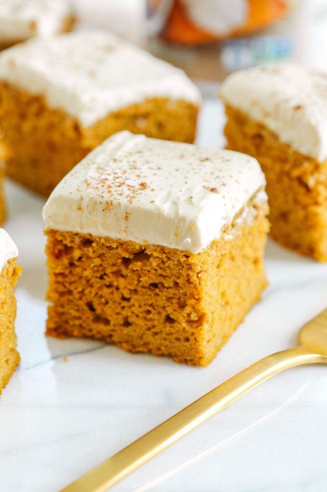 These Healthier Pumpkin Bars are moist, taste just like cake, and are made without any butter, oil or refined sugar!  Topped with a delicious maple cream cheese frosting and loaded with so much pumpkin flavor! Pumpkin Cake Bars, Pumpkin Cream Cheese Bars, Healthy Pumpkin Bars, Pie Inspiration, Bars With Cream Cheese Frosting, Bars With Cream Cheese, Recipe Design, Frosting Cake, Cream Cheese Bars