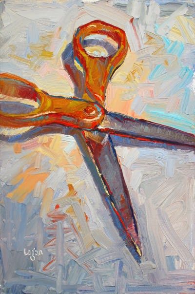 6"x4" oil on raymar panel   •  I think it is a law that when you move into a home, you are issued a pair of these scissors. Here in Califo... Scissor Painting, Raymond Logan, Tool Artwork, Watercolor Doodle, Observational Drawing, Contemporary Impressionism, School Painting, The Greeks, Daily Painting