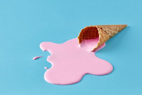 Pink ice cream melting and spilling from the waffle cone on pastel blue background. Minimalistic summer food concept. Blue And Pink Ice Cream, Spilled Ice Cream, Watercolor References, Cream Bread Recipe, Melted Ice Cream, Ice Cream Bread, Mental Discipline, Ice Cream Companies, Melting Ice Cream