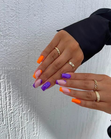 Cute Summer Nails 2023, Purple Orange Nails, Orange And Purple Nails, Purple And Orange Nails, Summer Nails 2023, Summer Nail Designs, Simple Acrylic Nails, Cute Summer Nails, Nails 2023