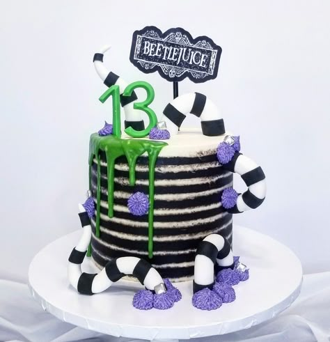 Beetle Juice Birthday Cake Ideas, Beetlejuice Birthday Party Ideas, Beetlejuice Birthday Cake, Beetlejuice Birthday, Beetle Juice Cake, Beetlejuice Cupcakes, Beetlejuice Cake, Beetlejuice Birthday Party, Gothic Birthday Cakes