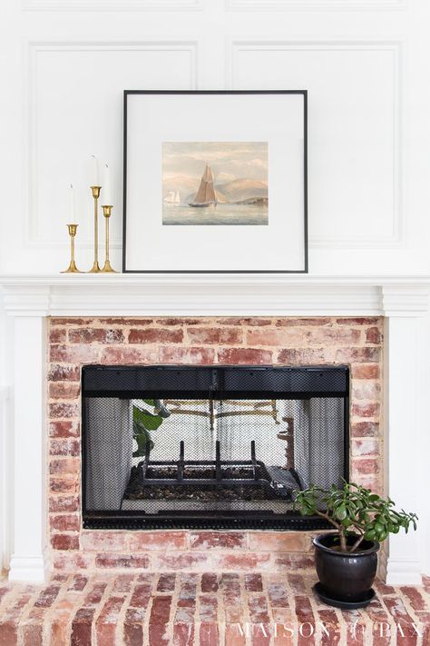 Simple Mantel Decor, Fireplace Mantel Decorating Ideas, Brick Fireplace Remodel, Simple Mantel, Sherwin Williams Extra White, Mantel Decorating Ideas, Above Fireplace, Painting Trim White, Mantel Decor Ideas