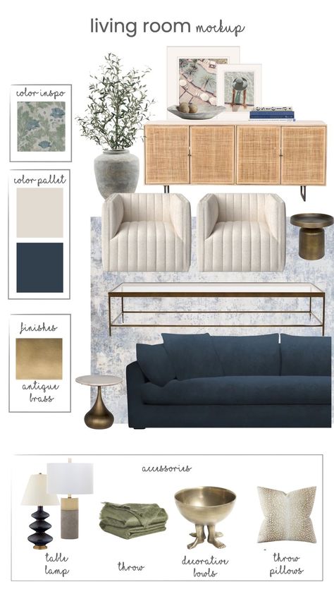 Blue In Living Room Decorating Ideas, Blue White And Natural Wood Living Room, How To Style Carpeted Living Room, Navy Transitional Living Room, Blue White Black Living Room, Neutrals With Blue Accents, Midcentury Blue Living Room, Blue Cream Wood Living Room, Blue Beige Black Living Room