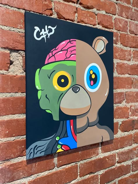 Easy Art Painting Ideas, Kaws Bear, Kaws Painting, Canvas Painting Acrylic, Pink Canvas Art, Arcade Room, Kylie Dress, Bone Tattoos, Canvas Drawing