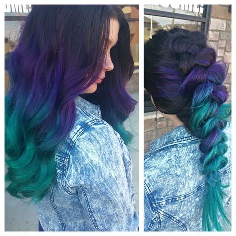 Georgeous purple turquoise ombré Purple And Teal Hair, Teal And Purple Hair, Teal Ombre Hair, Teal Hair Color, Colored Hair Extensions, Teal Hair, Ombre Hair Extensions, Bright Hair Colors, Purple And Teal