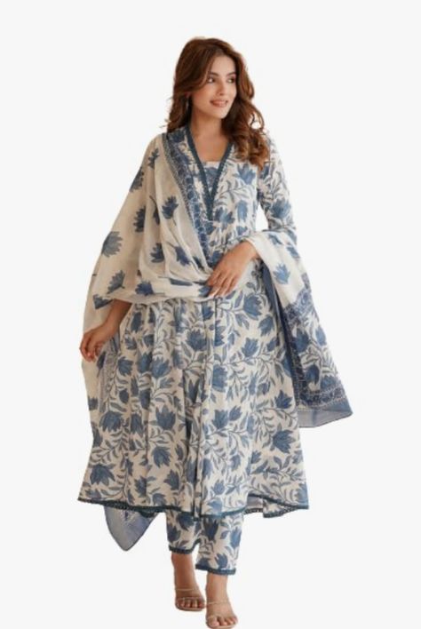 PARTHVI Women's Printed Anarkali Kurta With Palazzo & Dupatta Set Floral Anarkali, Design Kurta, Blue Anarkali, Kurta With Palazzo, Printed Anarkali, Kurta Patterns, Cotton Anarkali, Kurta Style, Kurta Design