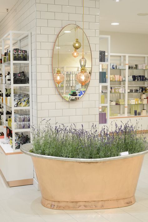 white, lavender. LOVE the bathtub. Adds a bit of rustic without being bulky and overwhelming. Spa Retail, Window Display Retail, Spa Interior Design, Boutique Spa, Esthetician Room, Spa Rooms, Spa Interior, Lavender Bath, White Lavender