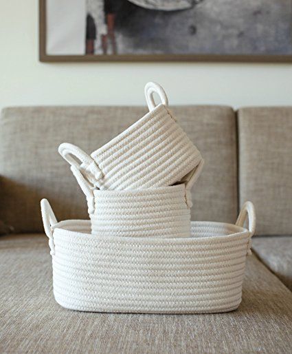 Amazon.com: Cotton Rope Storage Baskets, Set of 3 Toy Organizer Gift Baskets for Nursery Decor, Soft Durable: Home & Kitchen White Organizer, Nursery Storage Baskets, Clothesline Basket, Nursery Baskets, Basket Weaving Diy, Rope Storage, Rainbow Fabric, Toy Organizer, Natural Baskets