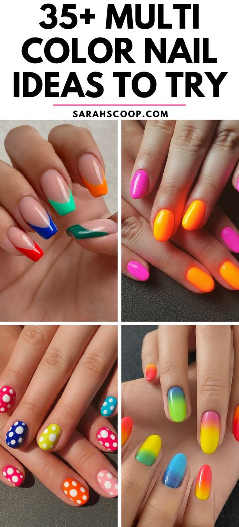 Step into a world of color with these 35+ stunning multi color nail designs! Each design is unique, vibrant, and sure to make a statement. #NailDesigns #NailIdeas #MultiColorNails 💅🌈✨ 3 Color Nail Art, Multi Color Nail Designs, Multi Nails Color, Mixed Design Nails, Two Color Nail Design, Mix Match Nail Designs, 2 Color Nail Ideas, Fun Colorful Nails, Colorful Nail Ideas