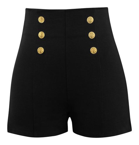 High Waisted Shorts with Anchor Buttons in Black | Double Trouble Apparel Sailor Shorts Outfit Summer, Sailor Shorts Outfit, 50s Shorts, Pirate Shorts, Damask Skirt, Retro Clothes, Sailor Shorts, Black High Waisted Shorts, Summer Shorts Outfits