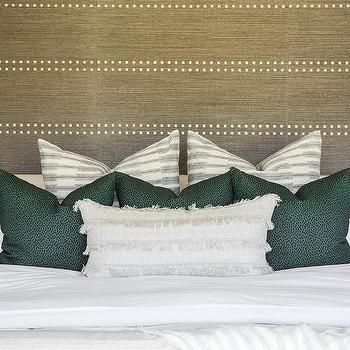 Phillip Jeffries Wallpaper Design Ideas Ivory Headboard, Grey Grasscloth Wallpaper, Wallpaper Design Ideas, Phillip Jeffries Wallpaper, Bone Inlay Dresser, Metallic Pillow, White Sheepskin Rug, Spanish Modern, Modern Remodel