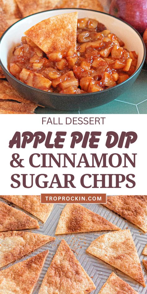 bowl of apple pie dip with cinnamon sugar chips and a sheet pan of baked cinnamon sugar tortilla chips. Apple Pie Salsa, Apple Cinnamon Cheesecake Dip, Warm Apple Cinnamon Cheesecake Dip, Apple Pie Filling Dip, Apple Pie Nachos, Thanksgiving Potluck Ideas Desserts, Apple Pie Dip Recipe, Apple Dips, Pie Crust Chips