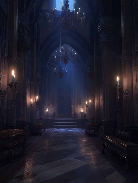 Dark Palace Interior, Dark Castle Interior Fantasy Art, Gothic Castle Hallway, Gothic Castle Interior Medieval, Creepy Castle Interior, Magic Boarding School, Dark Fantasy Castle Interior, Goth Ballroom, Abandoned Castles Interior