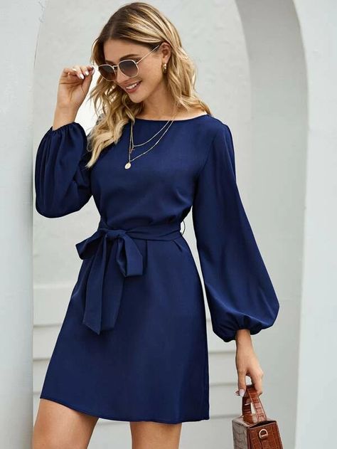 Gaun Fashion, Boat Neck Dress, Bishop Sleeve, Ladies Dress, Dress With Belt, Midi Dress With Sleeves, Long Sleeve Midi Dress, Mini Dress With Sleeves, Classy Dress