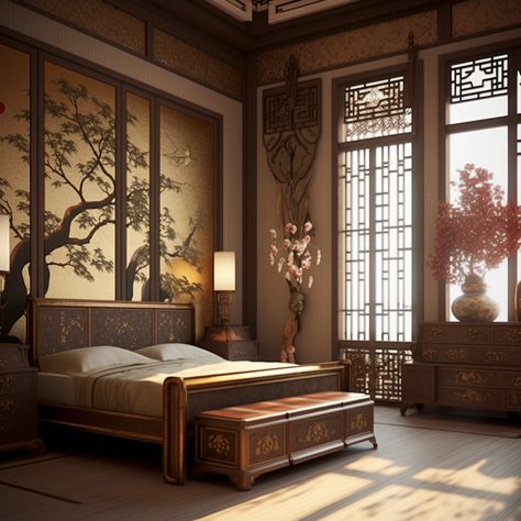 Traditional Chinese Room Aesthetic, Chinese Traditional Bedroom, Chinese Bedroom Traditional, Asian Room Aesthetic, Chinese Bedroom Ideas, Chinese Bedroom Design, Chinese House Interior, Garden Design Patio, Chinese Style Bedroom