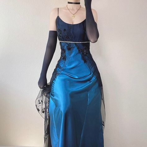 Blue Goth Prom Dress, Blue Villain Outfit, Blue 90s Prom Dress, Dark Blue Dress Prom, Dark Blue Dress Aesthetic, Alternative Prom Outfit, Dark Blue Outfit Aesthetic, Black Glitter Gown, Emo Prom Dresses