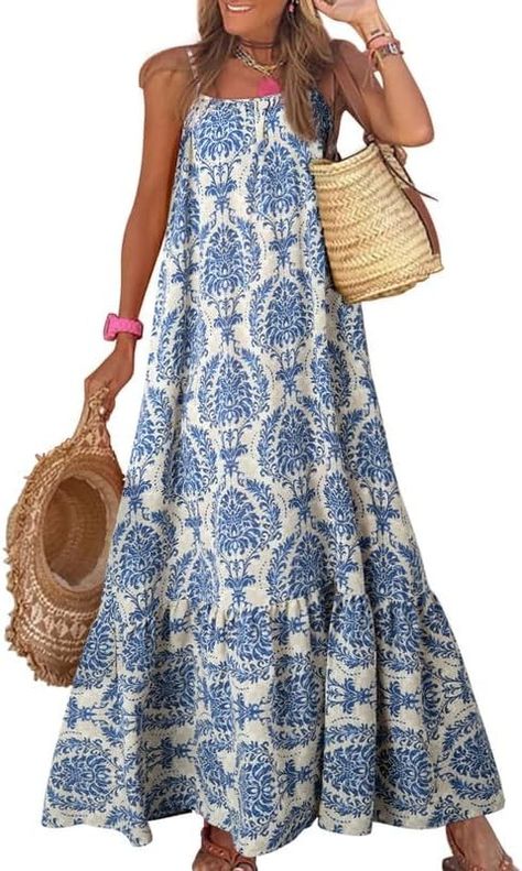 Dokotoo Summer Maxi Dresses for Women 2024 Scoop Neck Boho Sundresses Sleeveless Spaghetti Strap Sexy Dress Ruffle A Line Casual Hawaiian Dresses for Beach Vacation X-Large Sky Blue at Amazon Women’s Clothing store Blue Boho Print Sleeveless Sundress, Spring Sundress With Ruffle Hem, Maxi Length, V-neck Sundress With Smocked Back For The Beach, Spring Beachwear Sundress, Maxi Length, Bohemian V-neck Sundress With Smocked Back, Flowy Beach Dress, Summer Maxi Dress Boho, Boho Sundress, Floral Print Dress Long