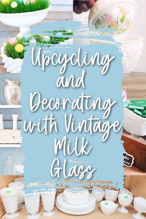 There's a certain timelessness to vintage milk glass, isn't there? And since it's still easily found at thrift stores, we end up with a fun and quirky collection of milk glass pieces. But then what? Here are some wonderful ways to decorate with and upcycle all those wonderful milk glass dishes. Milk Glass Planter, Milk Glass Planter Ideas, Milk Glass Winter Decor, Thrift Store Glassware, Milk Glass Christmas Decor Holidays, Displaying Milk Glass Collection, Fenton Hobnail Milk Glass Decor, Milk Glass Christmas Decor, Decorating With Milk Glass Ideas