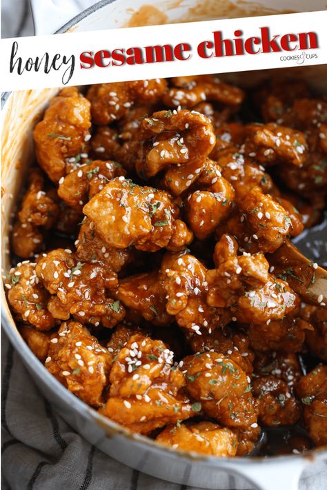 Better than takeout! Flavor packed Crispy Honey Sesame Chicken is super easy to make at home and better than take out!! Sesame Chicken Recipe Easy, Crispy Sesame Chicken Recipe, Honey Sesame Chicken Recipe, Honey Chicken Thighs, Crispy Sesame Chicken, Crispy Honey Chicken, Takeout Recipes, Fried Chicken Nuggets, Supper Tonight