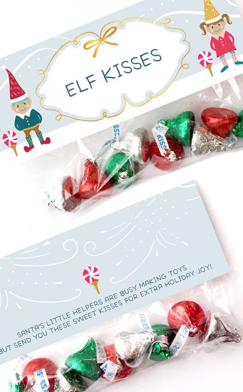 An easy Christmas gift for kids! These printable Elf Kisses treat bag toppers can be printed as many times as you need! Fold in half and attach to treat bags filled with Hershey kisses to hand out to classmates, neighbours and friends! They are available as an instant download ready to print and attach to your candy bags. Sizes: 6.625" x 5" (folded size is 6.625" x 2.5" - to fit standard and snack size Ziploc bags) and 4" x 4" (folded size is 4" x 2").You will receive:1 high-res editable PDF fil Christmas School Treats, Xmas Favors, Classroom Christmas Gifts, Elf Kisses, Class Christmas Gifts, Christmas Classroom Treats, Daycare Gifts, Resident Events, Christmas Goodie Bags