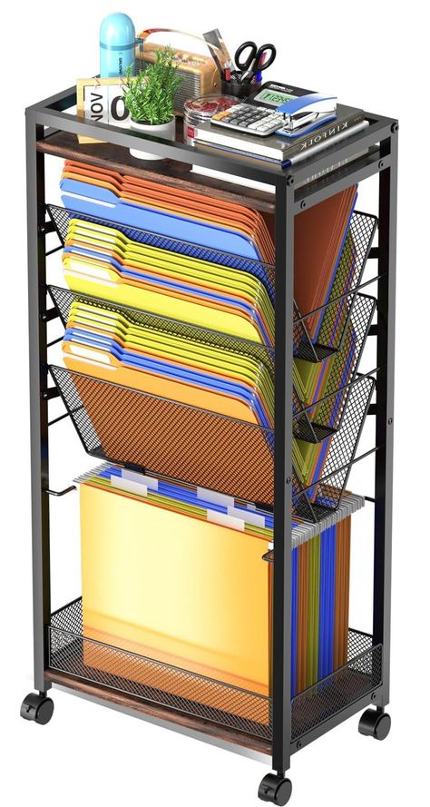 PRICES MAY VARY. 【Maximum Organization】8 Tier rolling file cart organizer with multiple storage options. the top basket for pen pot, cups and widget etc. 6 shelfing organizers assorted file, papers, binders file, mail, book etc, dual openings design for easy access. 【True Spacesaver】Compact size and rollers make file cart with wheels easy to move and store in narrow spaces, great for office or home office file storage, also as a rolling book cart in corners, kids' rooms or classrooms, all in one Organization Teacher, Cart Organization, File Folder Storage, Teacher Cart, Cubicle Organization, Letter Storage, Desk File Organizer, Craft Storage Cart, Organization Cart