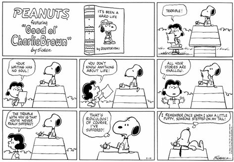 Snoopy - Dogstoyevski Snoopy Family, Peanuts By Schulz, Snoopy Comics, Peanuts Comic Strip, Black And White Comics, Charles Schulz, Charlie Brown And Snoopy, Famous Authors, February 10