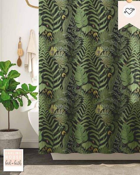 Plants Dark Academia, Leaf Shower Curtain, Botanical Shower Curtain, Green Shower Curtain, Black Bathroom Decor, Butterfly And Moth, Green Shower Curtains, Botanical Plants, Hippie Homes