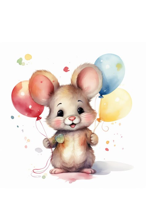 Mouse Party Balloons Watercolor Style Balloons Watercolor, Baby Story Books, Maus Illustration, Jungle Style, Mouse Illustration, Baby Animal Drawings, Illustration Art Kids, Inspirational Illustration, Baby Illustration