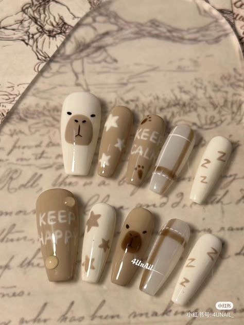 Neutral Nails Cute, Capybara Nails Design, Capybara Nail Art, Capybara Nails, Kutek Disney, Fake Nails Designs, Asian Nails, Hello Nails, Cute Simple Nails